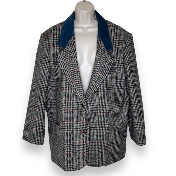 Vintage International Scene Wool Glen Plaid Suede Leather Lapel Blazer Women 14 - Picture 1 of 16